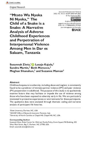 “Mtoto Wa Nyoka Ni Nyoka,” The Child of a Snake is a Snake: A Narrative Analysis of Adverse Childhood Experiences and Perpetration of Interpersonal Violence Among Men in Dar es Salaam, Tanzania thumbnail