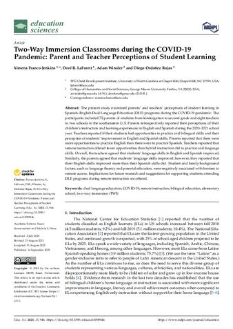 Two-Way Immersion Classrooms during the COVID-19 Pandemic: Parent and Teacher Perceptions of Student Learning thumbnail