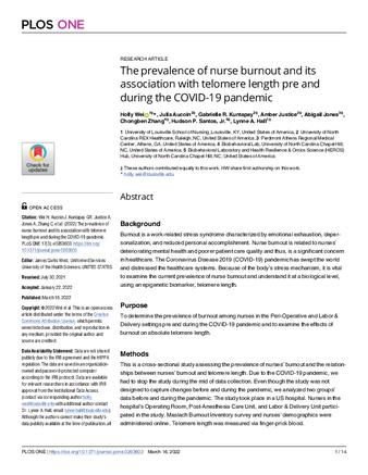 The prevalence of nurse burnout and its association with telomere length pre and during the COVID-19 pandemic thumbnail