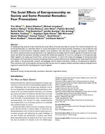 The Social Effects of Entrepreneurship on Society and Some Potential Remedies: Four Provocations