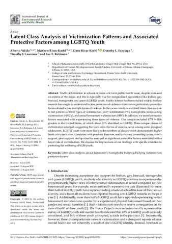 Latent Class Analysis of Victimization Patterns and Associated Protective Factors among LGBTQ Youth thumbnail