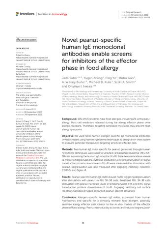 Novel peanut-specific human IgE monoclonal antibodies enable screens for inhibitors of the effector phase in food allergy thumbnail