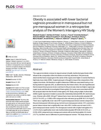 Obesity is associated with lower bacterial vaginosis prevalence in menopausal but not pre-menopausal women in a retrospective analysis of the Women’s Interagency HIV Study thumbnail