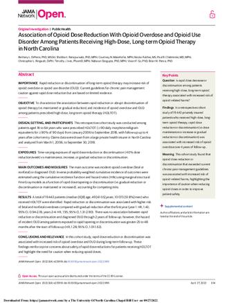 Association of Opioid Dose Reduction With Opioid Overdose and Opioid Use Disorder Among Patients Receiving High-Dose, Long-term Opioid Therapy in North Carolina