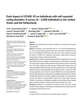 Early impact of COVID-19 on individuals with self-reported eating disorders: A survey of ~1,000 individuals in the United States and the Netherlands thumbnail
