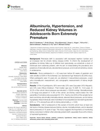 Albuminuria, Hypertension, and Reduced Kidney Volumes in Adolescents Born Extremely Premature thumbnail