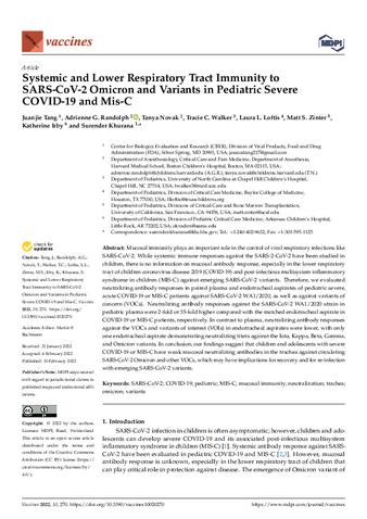 Systemic and Lower Respiratory Tract Immunity to SARS-CoV-2 Omicron and Variants in Pediatric Severe COVID-19 and Mis-C thumbnail
