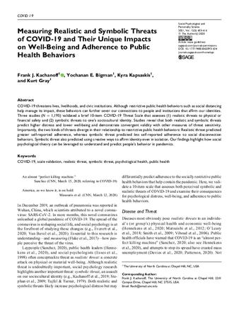 Measuring Realistic and Symbolic Threats of COVID-19 and Their Unique Impacts on Well-Being and Adherence to Public Health Behaviors thumbnail