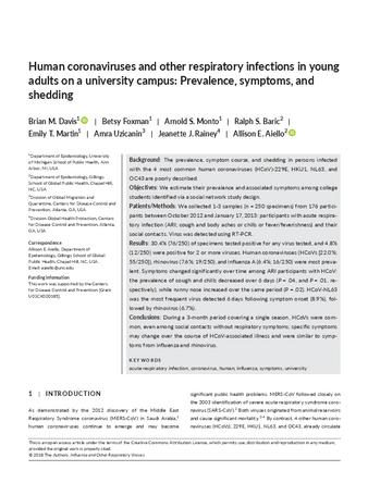 Human coronaviruses and other respiratory infections in young adults on a university campus: Prevalence, symptoms, and shedding thumbnail