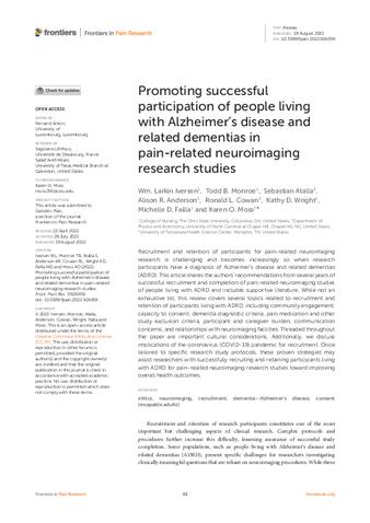 Promoting successful participation of people living with Alzheimer's disease and related dementias in pain-related neuroimaging research studies thumbnail