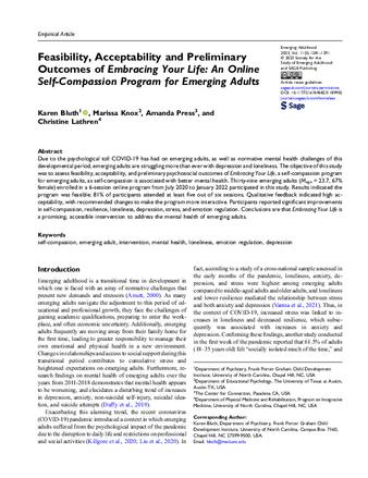 Feasibility, Acceptability and Preliminary Outcomes of Embracing Your Life: An Online Self-Compassion Program for Emerging Adults thumbnail