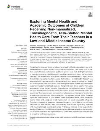 Exploring Mental Health and Academic Outcomes of Children Receiving Non-manualized, Transdiagnostic, Task-Shifted Mental Health Care From Their Teachers in a Low-and-Middle Income Country thumbnail