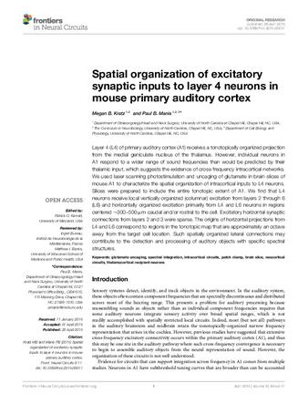 Spatial organization of excitatory synaptic inputs to layer 4 neurons in mouse primary auditory cortex thumbnail