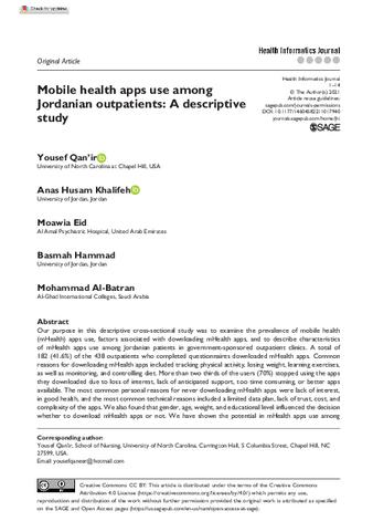 Mobile health apps use among Jordanian outpatients: A descriptive study thumbnail