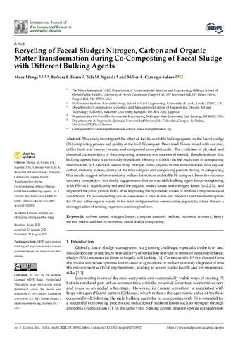 Recycling of Faecal Sludge: Nitrogen, Carbon and Organic Matter Transformation during Co-Composting of Faecal Sludge with Different Bulking Agents thumbnail