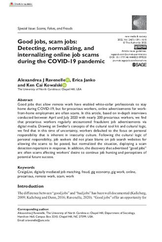 Good jobs, scam jobs: Detecting, normalizing, and internalizing online job scams during the COVID-19 pandemic thumbnail