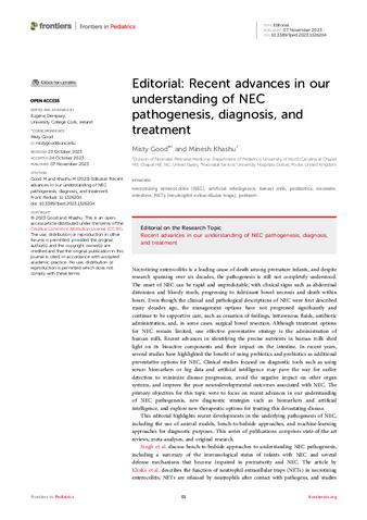 Editorial: Recent advances in our understanding of NEC pathogenesis, diagnosis, and treatment