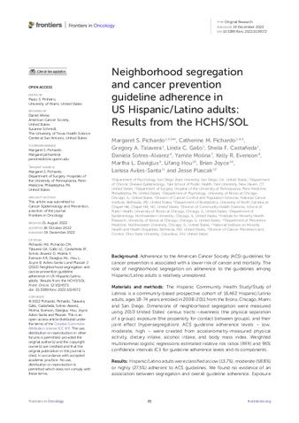 Neighborhood segregation and cancer prevention guideline adherence in US Hispanic/Latino adults: Results from the HCHS/SOL thumbnail
