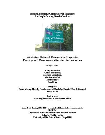 Spanish-speaking community of Asheboro, Randolph County, North Carolina : an action oriented community diagnosis : findings and recommendations for future action thumbnail