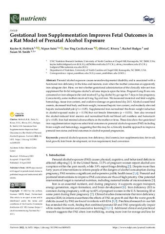 Gestational Iron Supplementation Improves Fetal Outcomes in a Rat Model of Prenatal Alcohol Exposure thumbnail