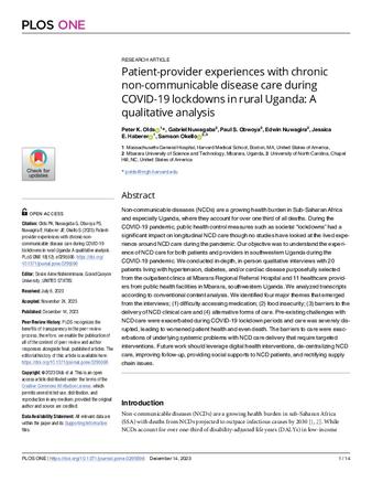 Patient-provider experiences with chronic non-communicable disease care during COVID-19 lockdowns in rural Uganda: A qualitative analysis thumbnail