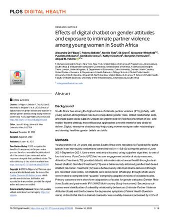 Effects of digital chatbot on gender attitudes and exposure to intimate partner violence among young women in South Africa thumbnail