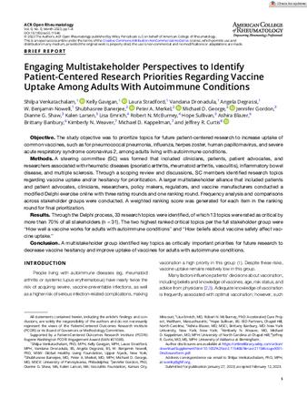 Engaging Multistakeholder Perspectives to Identify Patient-Centered Research Priorities Regarding Vaccine Uptake Among Adults With Autoimmune Conditions thumbnail