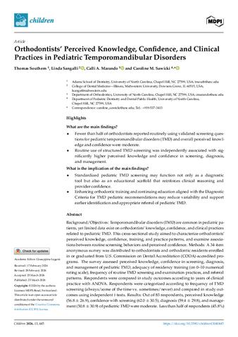 Orthodontists’ Perceived Knowledge, Confidence, and Clinical Practices in Pediatric Temporomandibular Disorders thumbnail