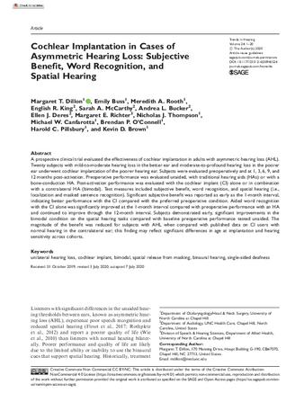 Cochlear Implantation in Cases of Asymmetric Hearing Loss: Subjective Benefit, Word Recognition, and Spatial Hearing thumbnail