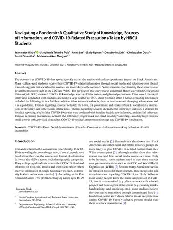 Navigating a Pandemic: A Qualitative Study of Knowledge, Sources of Information, and COVID-19-Related Precautions Taken by HBCU Students thumbnail