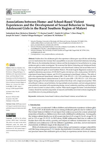 Associations between Home- and School-Based Violent Experiences and the Development of Sexual Behavior in Young Adolescent Girls in the Rural Southern Region of Malawi thumbnail