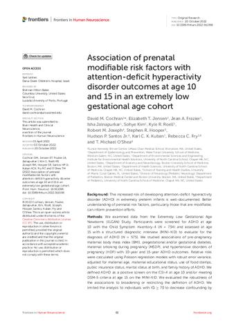 Association of prenatal modifiable risk factors with attention-deficit hyperactivity disorder outcomes at age 10 and 15 in an extremely low gestational age cohort thumbnail