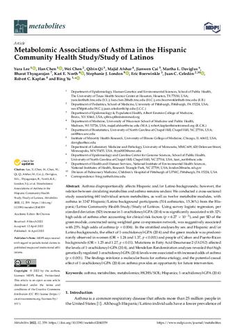 Metabolomic Associations of Asthma in the Hispanic Community Health Study/Study of Latinos thumbnail