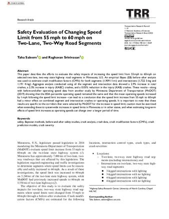 Safety Evaluation of Changing Speed Limit from 55 mph to 60 mph on Two-Lane, Two-Way Road Segments thumbnail