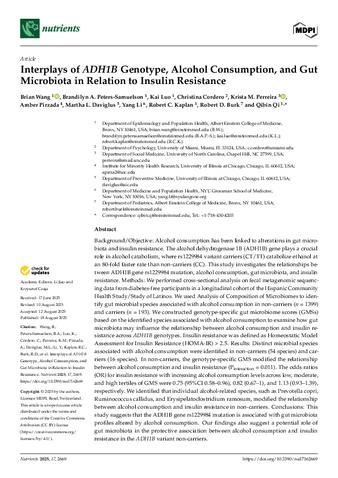 Interplays of ADH1B Genotype, Alcohol Consumption, and Gut Microbiota in Relation to Insulin Resistance thumbnail