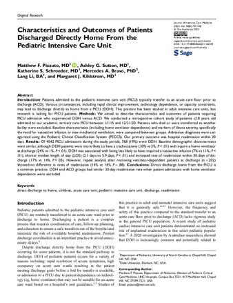 Characteristics and Outcomes of Patients Discharged Directly Home From the Pediatric Intensive Care Unit thumbnail