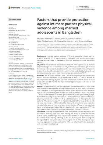 Factors that provide protection against intimate partner physical violence among married adolescents in Bangladesh thumbnail
