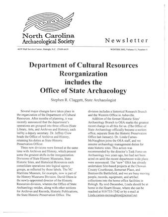 North Carolina Archaeological Society Newsletter Volume 11 Number 4