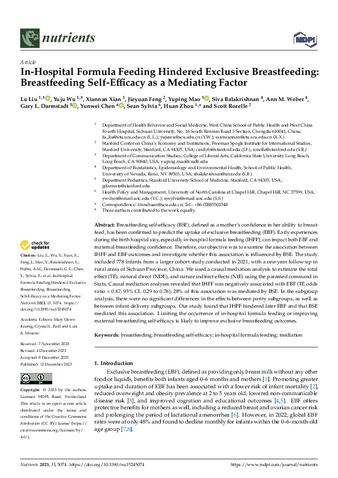 In-Hospital Formula Feeding Hindered Exclusive Breastfeeding: Breastfeeding Self-Efficacy as a Mediating Factor thumbnail