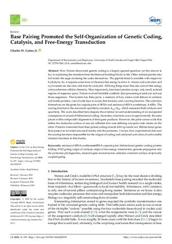 Base Pairing Promoted the Self-Organization of Genetic Coding, Catalysis, and Free-Energy Transduction thumbnail
