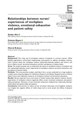 Relationships between nurses’ experiences of workplace violence, emotional exhaustion and patient safety thumbnail