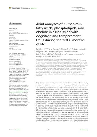 Joint analyses of human milk fatty acids, phospholipids, and choline in association with cognition and temperament traits during the first 6 months of life thumbnail