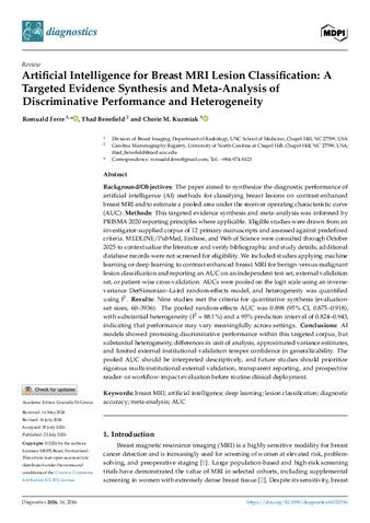 Artificial Intelligence for Breast MRI Lesion Classification: A Targeted Evidence Synthesis and Meta-Analysis of Discriminative Performance and Heterogeneity thumbnail