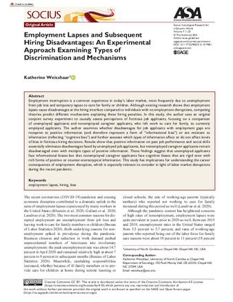 Employment Lapses and Subsequent Hiring Disadvantages: An Experimental Approach Examining Types of Discrimination and Mechanisms thumbnail