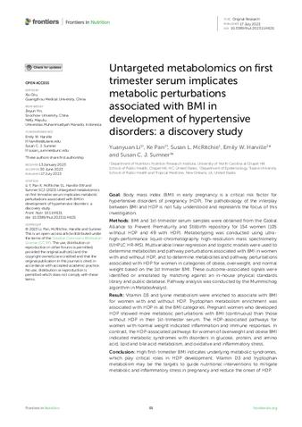 Untargeted metabolomics on first trimester serum implicates metabolic perturbations associated with BMI in development of hypertensive disorders: a discovery study thumbnail