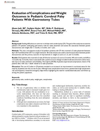 Evaluation of Complications and Weight Outcomes in Pediatric Cerebral Palsy Patients With Gastrostomy Tubes thumbnail