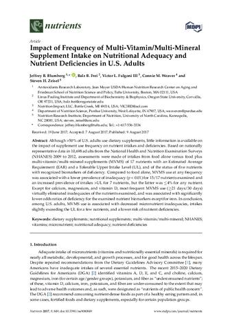 Impact of frequency of multi-vitamin/multi-mineral supplement intake on nutritional adequacy and nutrient deficiencies in U.S. adults thumbnail