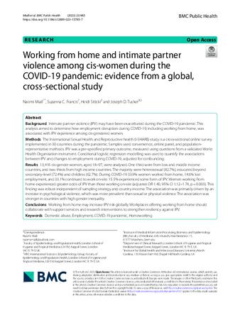 Working from home and intimate partner violence among cis-women during the COVID-19 pandemic: evidence from a global, cross-sectional study thumbnail