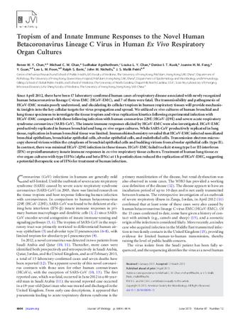 Tropism of and Innate Immune Responses to the Novel Human Betacoronavirus Lineage C Virus in Human Ex Vivo Respiratory Organ Cultures thumbnail