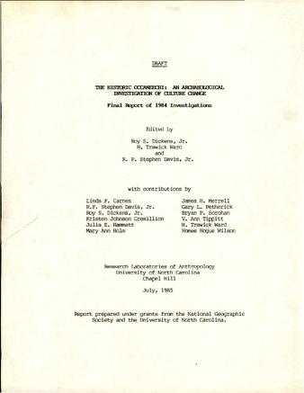 The Historic Occaneechi: An Archaeological Investigation of Culture Change, Final Report of 1984 Investigation thumbnail